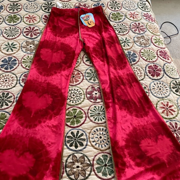 omighty Pants - NWT Omighty One Love Flare Pants Size S, Red, Tie-Dye, Hearts, Stretchy
